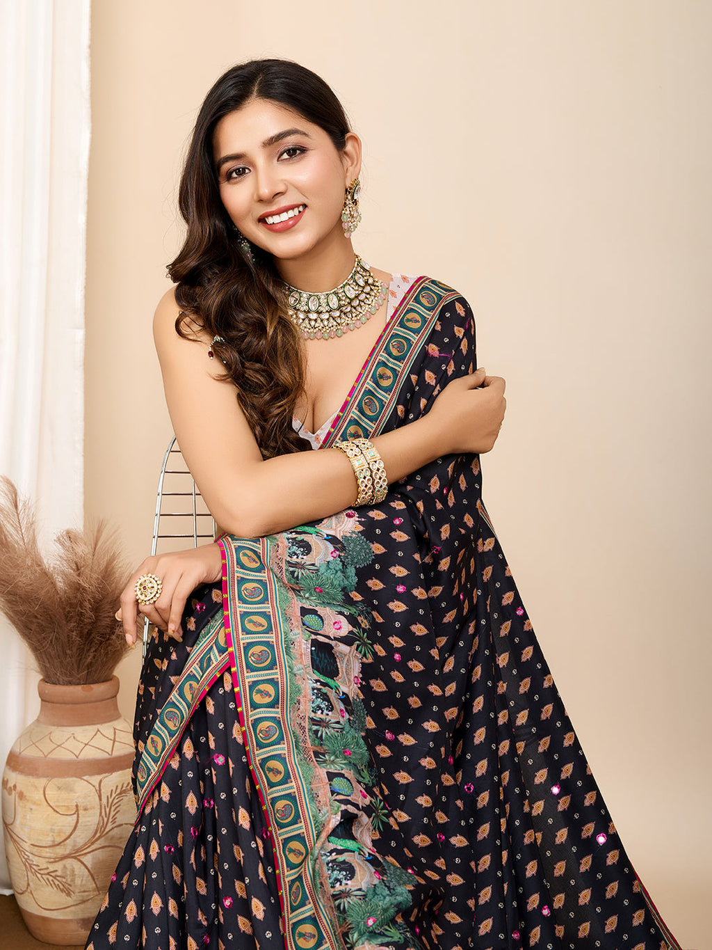 Vedant Vastram Maslin Cotton Printed & Hand work Fancy Saree - Black | Grocsy