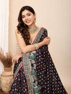 Vedant Vastram Maslin Cotton Printed & Hand work Fancy Saree - Black | Grocsy