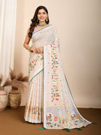 Vedant Vastram Maslin Cotton Printed & Hand work Fancy Saree - White | Grocsy