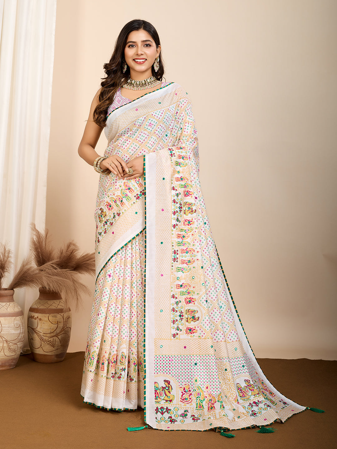 Vedant Vastram Maslin Cotton Printed & Hand work Fancy Saree - White | Grocsy