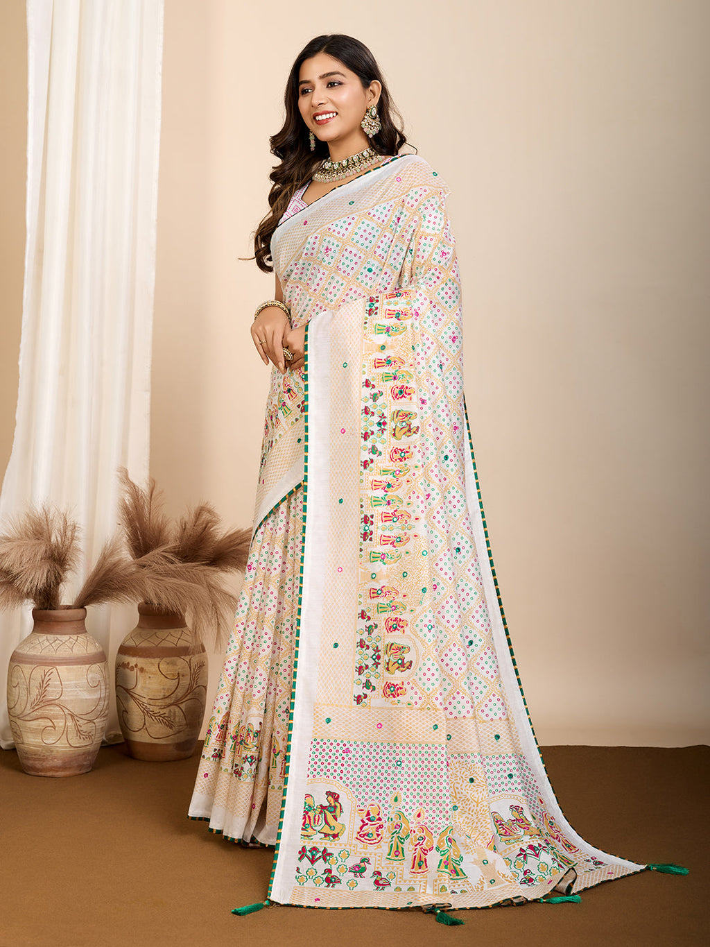 Vedant Vastram Maslin Cotton Printed & Hand work Fancy Saree - White | Grocsy