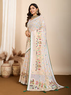 Vedant Vastram Maslin Cotton Printed & Hand work Fancy Saree - White | Grocsy
