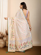 Vedant Vastram Maslin Cotton Printed & Hand work Fancy Saree - White | Grocsy