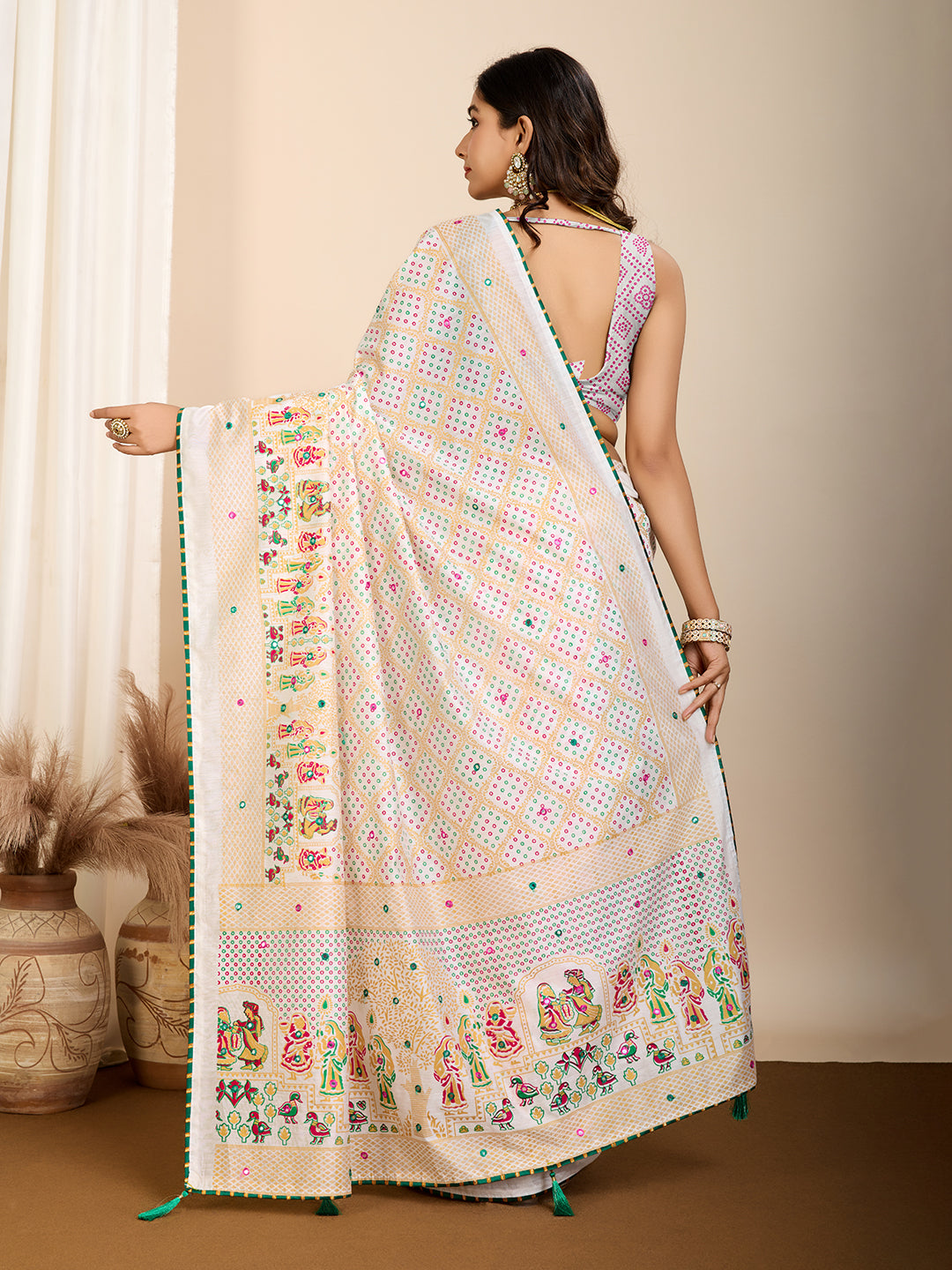 Vedant Vastram Maslin Cotton Printed & Hand work Fancy Saree - White | Grocsy