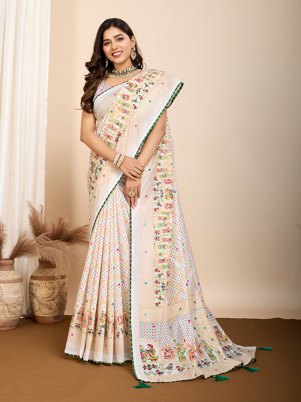 Vedant Vastram Maslin Cotton Printed & Hand work Fancy Saree - White | Grocsy