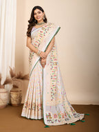 Vedant Vastram Maslin Cotton Printed & Hand work Fancy Saree - White | Grocsy