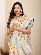 Vedant Vastram Maslin Cotton Printed & Hand work Fancy Saree - White | Grocsy