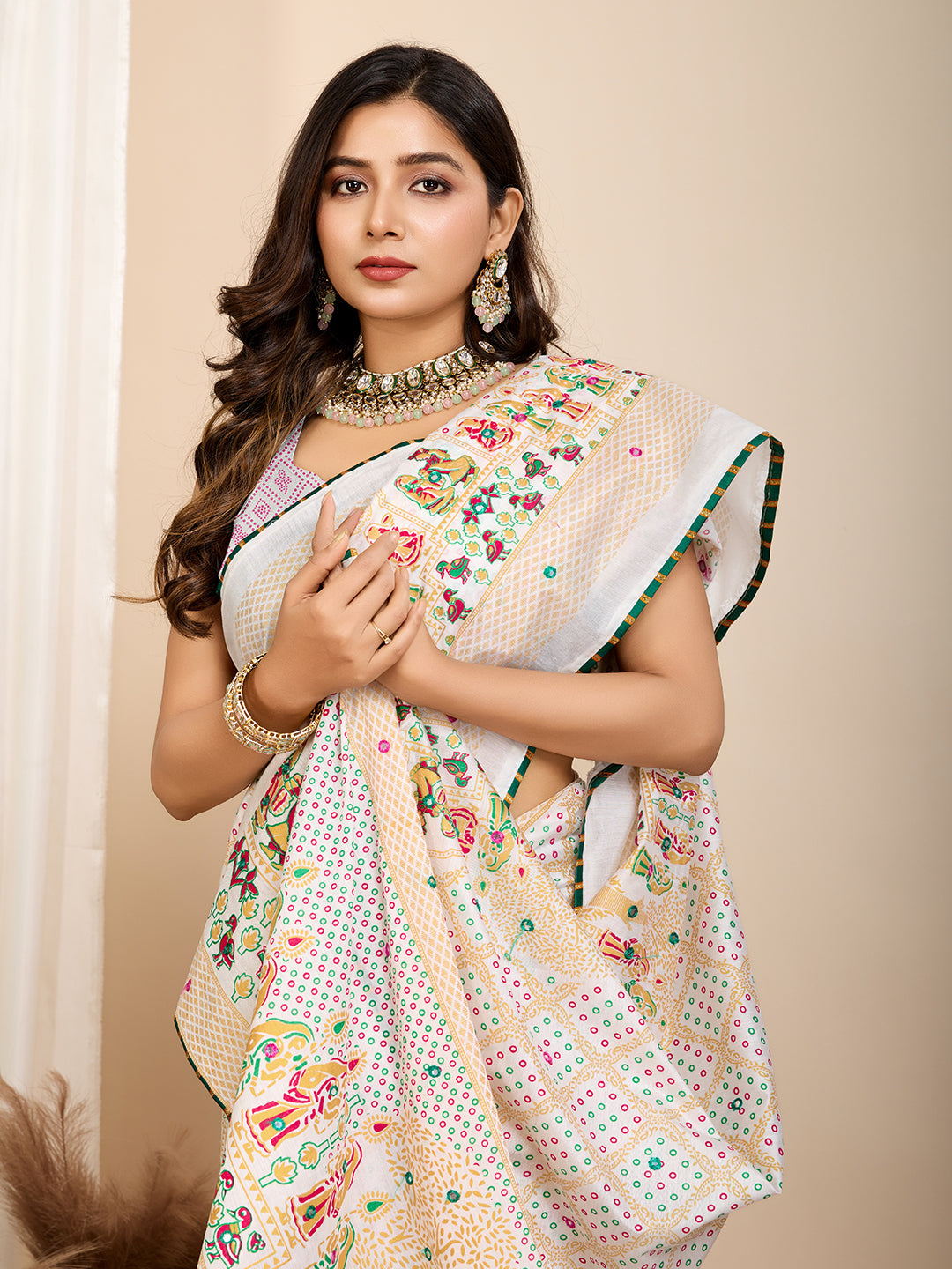 Vedant Vastram Maslin Cotton Printed & Hand work Fancy Saree - White | Grocsy
