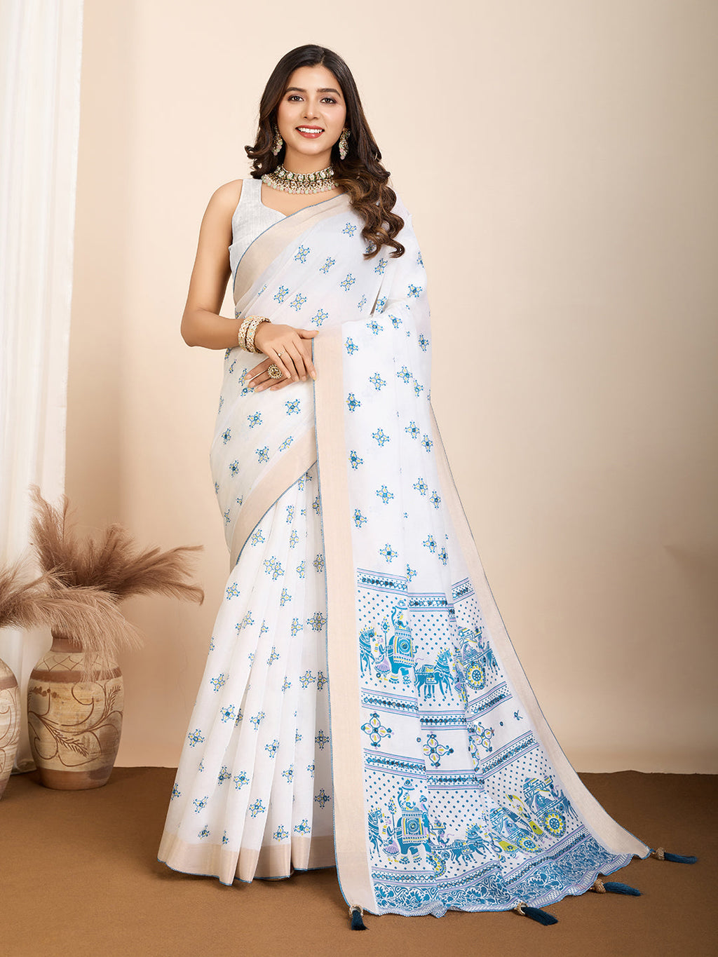 Vedant Vastram Maslin Cotton Printed & Hand work Fancy Saree - Blue | Grocsy