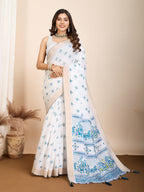 Vedant Vastram Maslin Cotton Printed & Hand work Fancy Saree - Blue | Grocsy