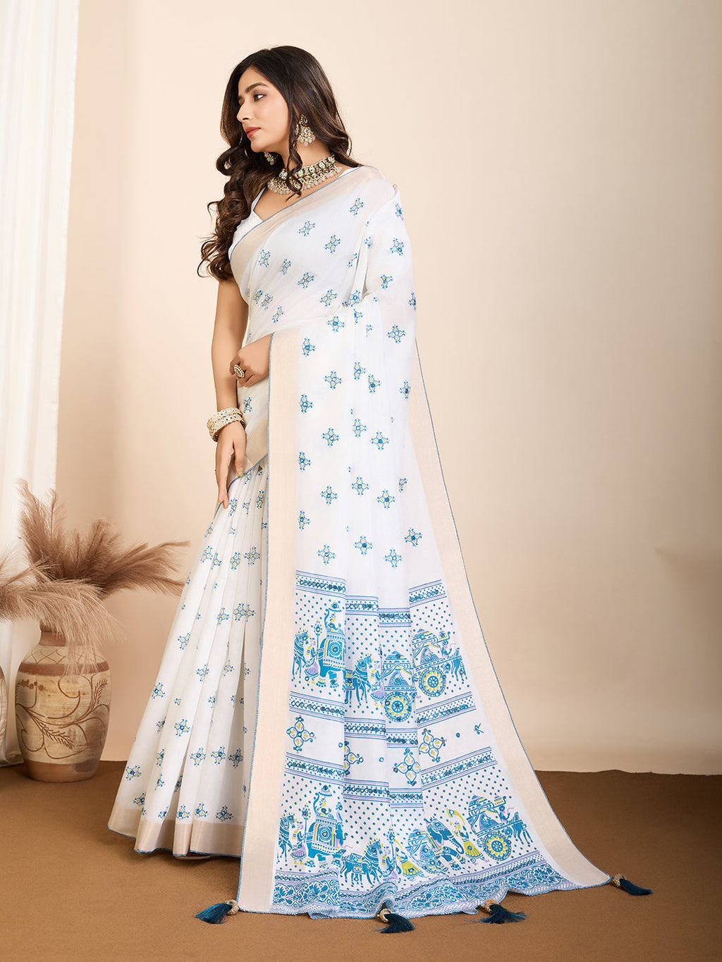 Vedant Vastram Maslin Cotton Printed & Hand work Fancy Saree - Blue | Grocsy