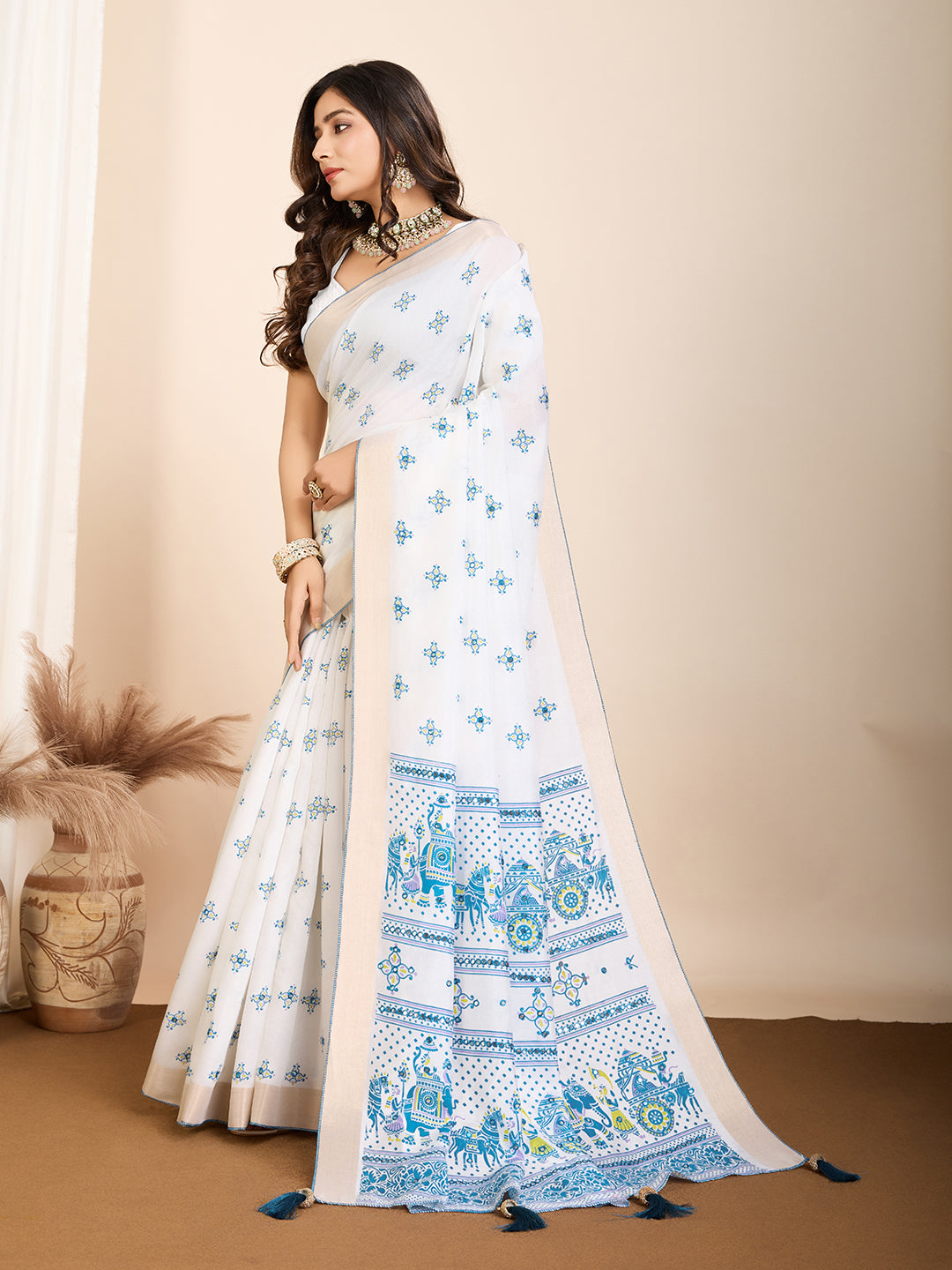 Vedant Vastram Maslin Cotton Printed & Hand work Fancy Saree - Blue | Grocsy