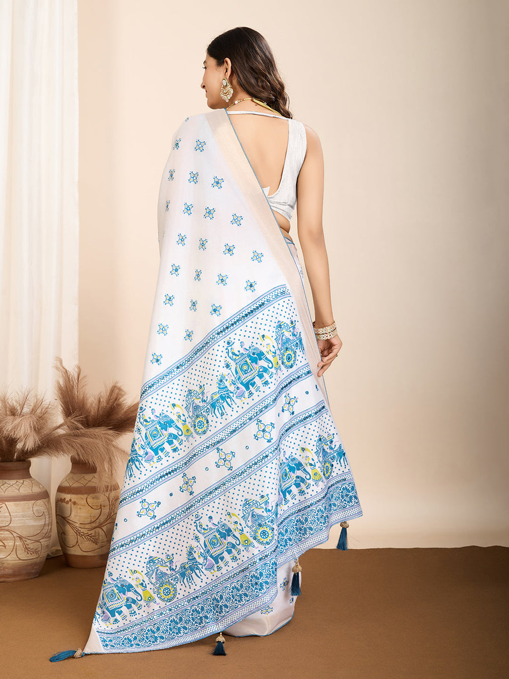 Vedant Vastram Maslin Cotton Printed & Hand work Fancy Saree - Blue | Grocsy