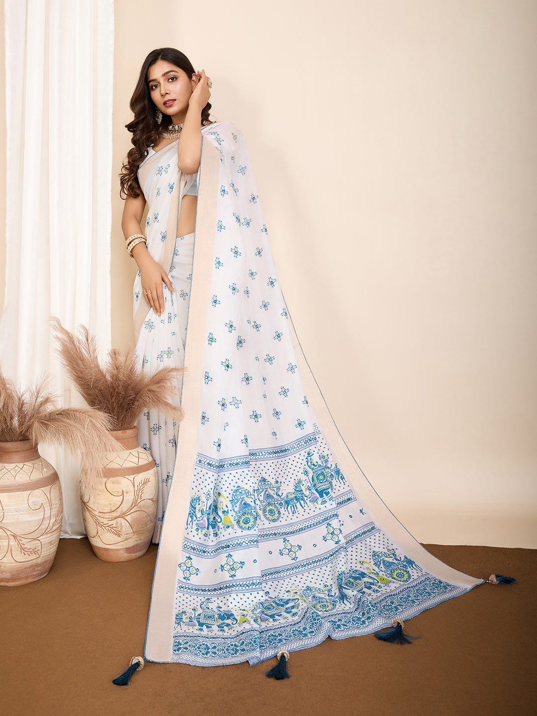 Vedant Vastram Maslin Cotton Printed & Hand work Fancy Saree - Blue | Grocsy