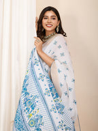 Vedant Vastram Maslin Cotton Printed & Hand work Fancy Saree - Blue | Grocsy