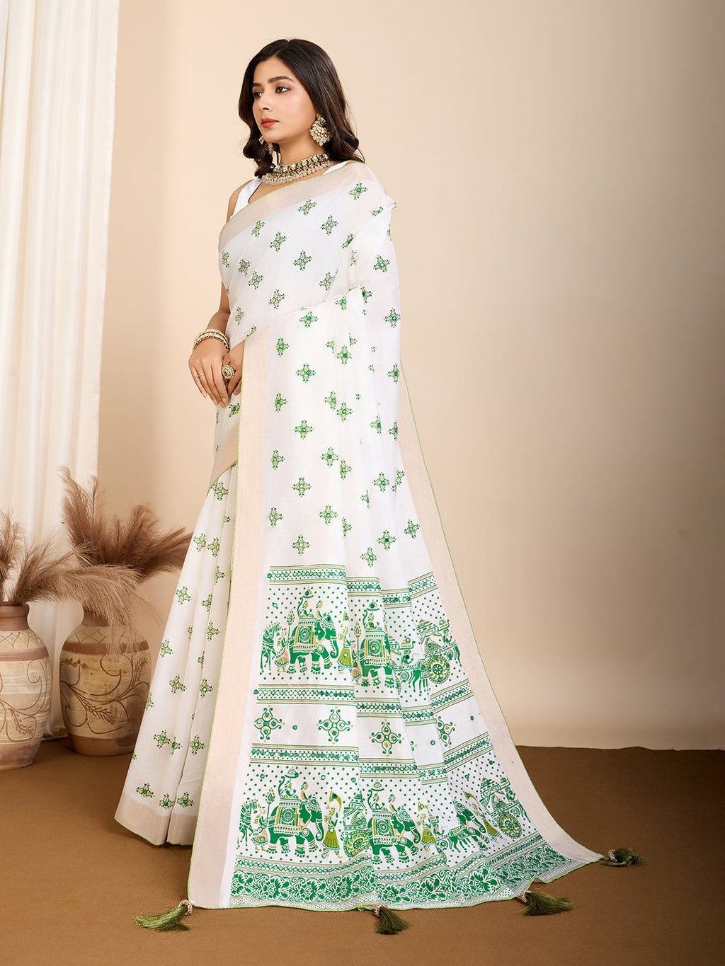 Vedant Vastram Maslin Cotton Printed & Hand work Fancy Saree - Green | Grocsy