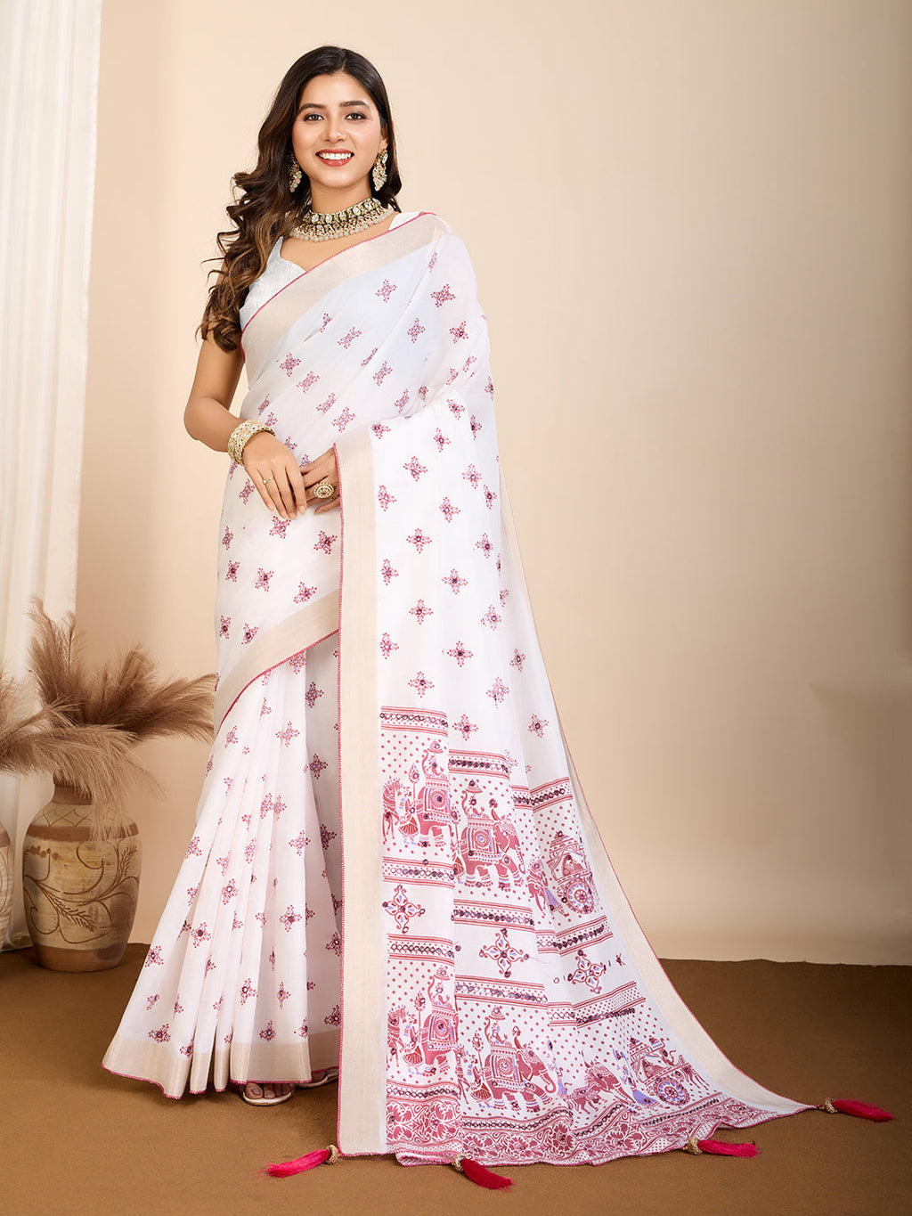 Vedant Vastram Maslin Cotton Printed & Hand work Fancy Saree - Pink | Grocsy
