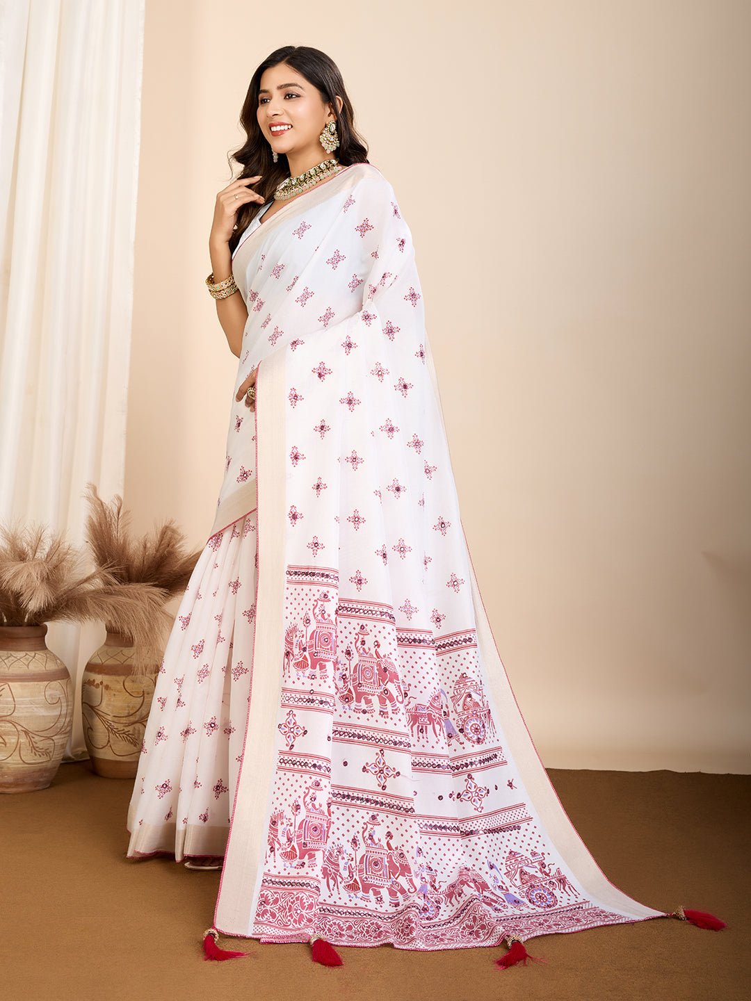 Vedant Vastram Maslin Cotton Printed & Hand work Fancy Saree - Pink | Grocsy