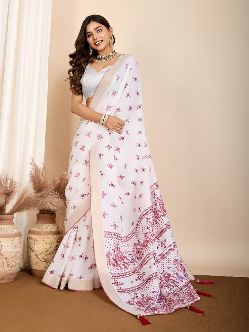 Vedant Vastram Maslin Cotton Printed & Hand work Fancy Saree - Pink | Grocsy