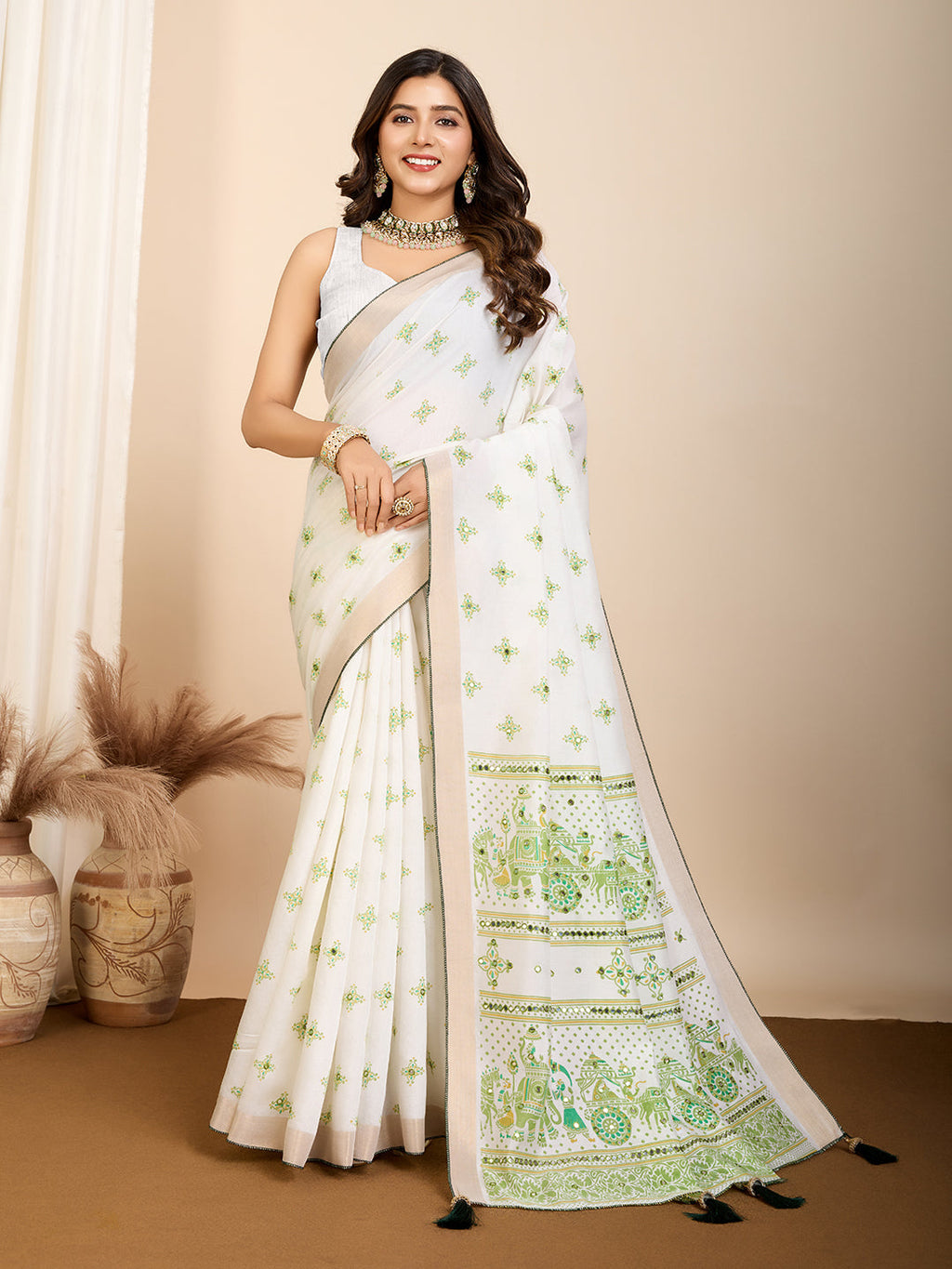 Vedant Vastram Maslin Cotton Printed & Hand work Fancy Saree - Pista | Grocsy