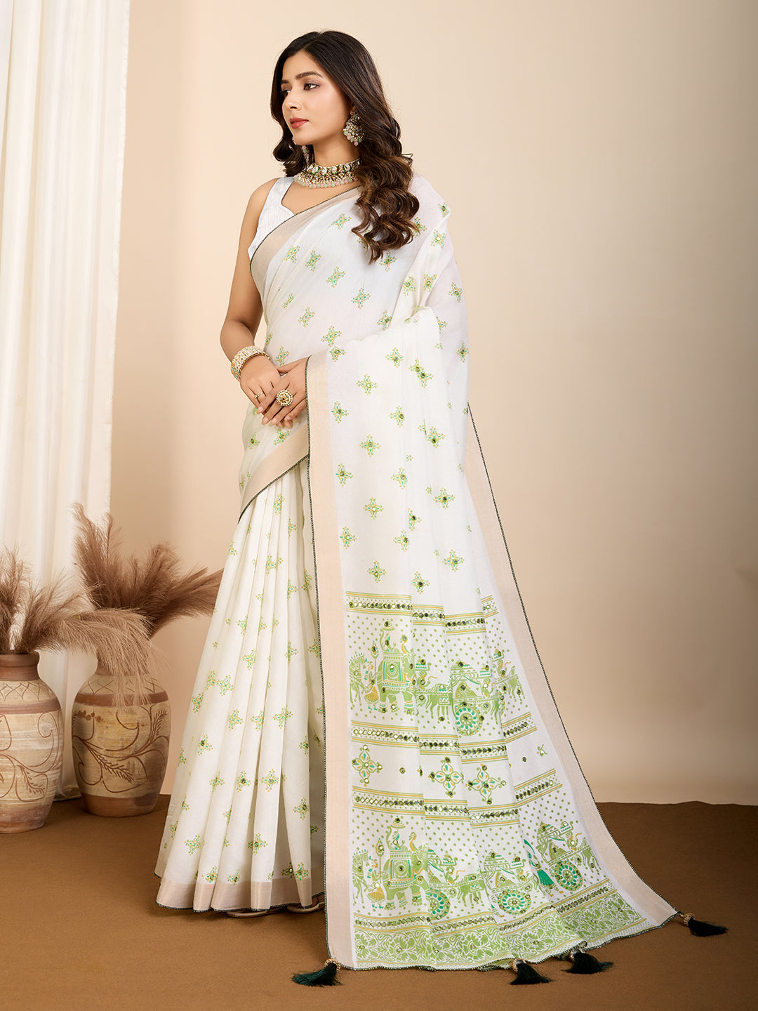 Vedant Vastram Maslin Cotton Printed & Hand work Fancy Saree - Pista | Grocsy