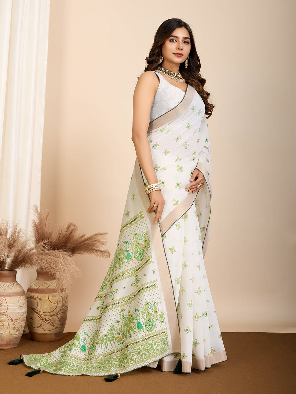 Vedant Vastram Maslin Cotton Printed & Hand work Fancy Saree - Pista | Grocsy