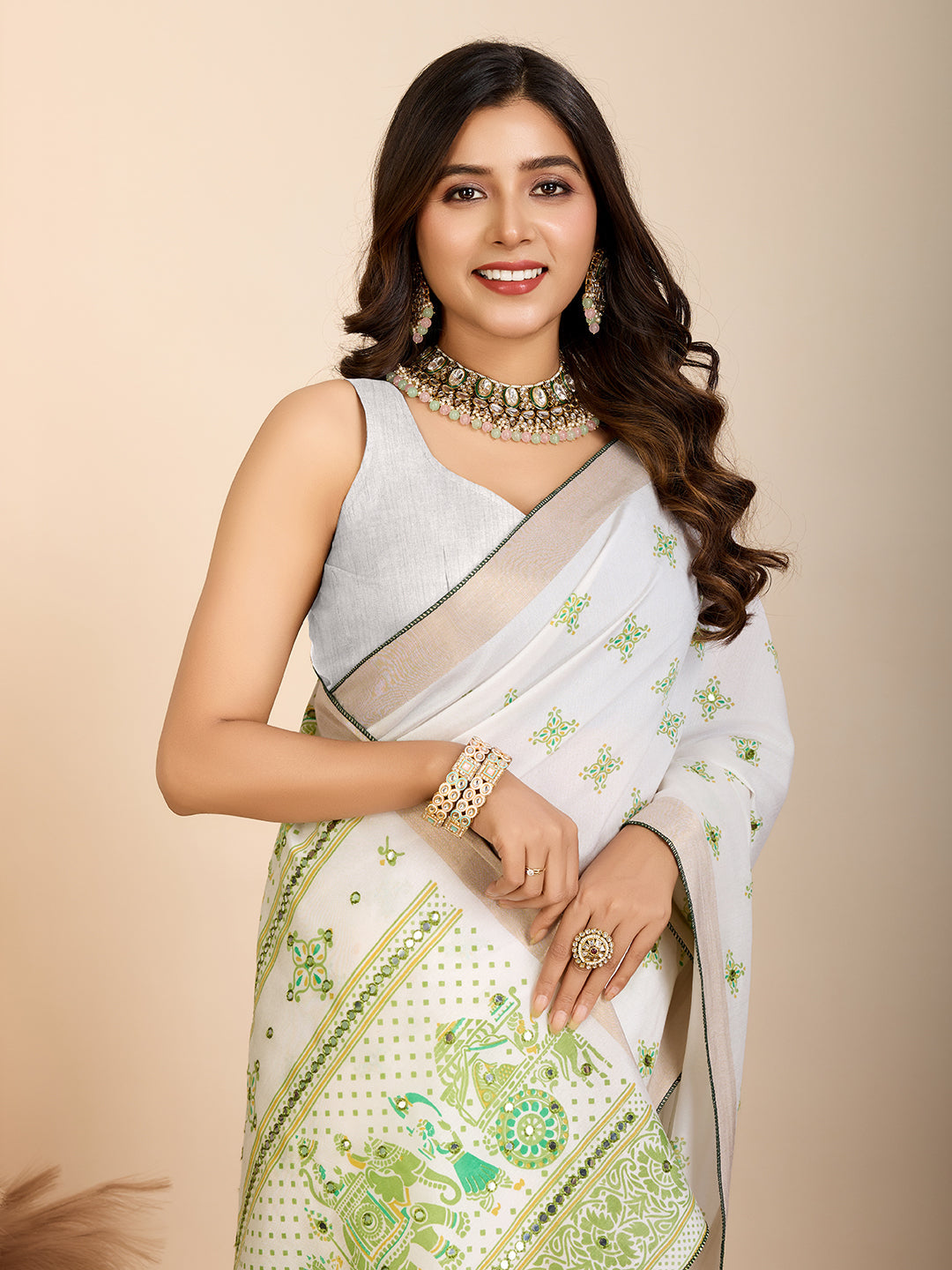 Vedant Vastram Maslin Cotton Printed & Hand work Fancy Saree - Pista | Grocsy