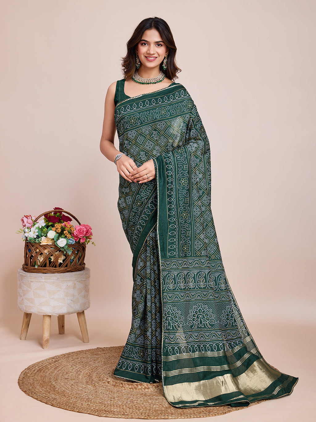 Vedant Vastram Semi Cotton Bandhani Printed Saree - Green | Grocsy