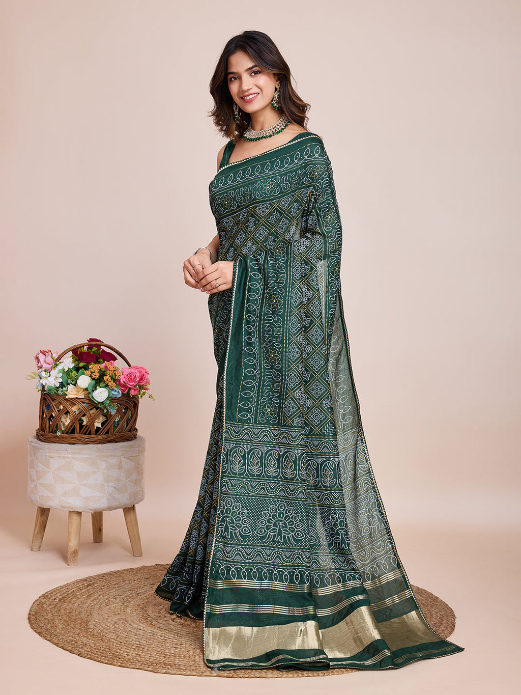 Vedant Vastram Semi Cotton Bandhani Printed Saree - Green | Grocsy