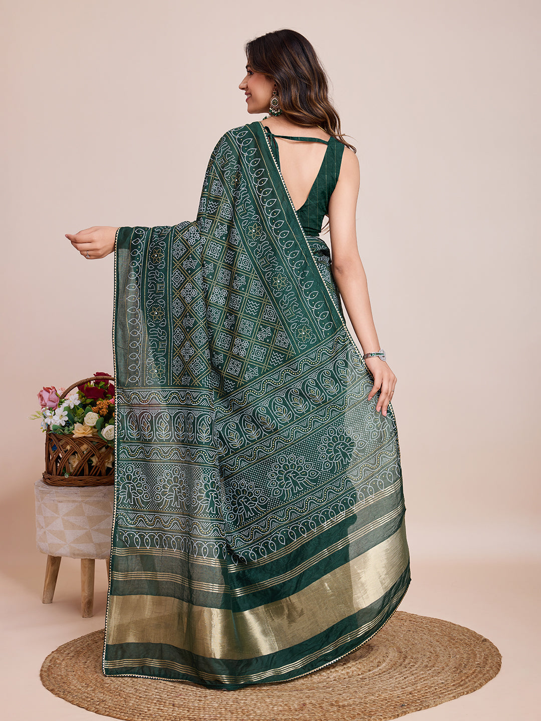 Vedant Vastram Semi Cotton Bandhani Printed Saree - Green | Grocsy