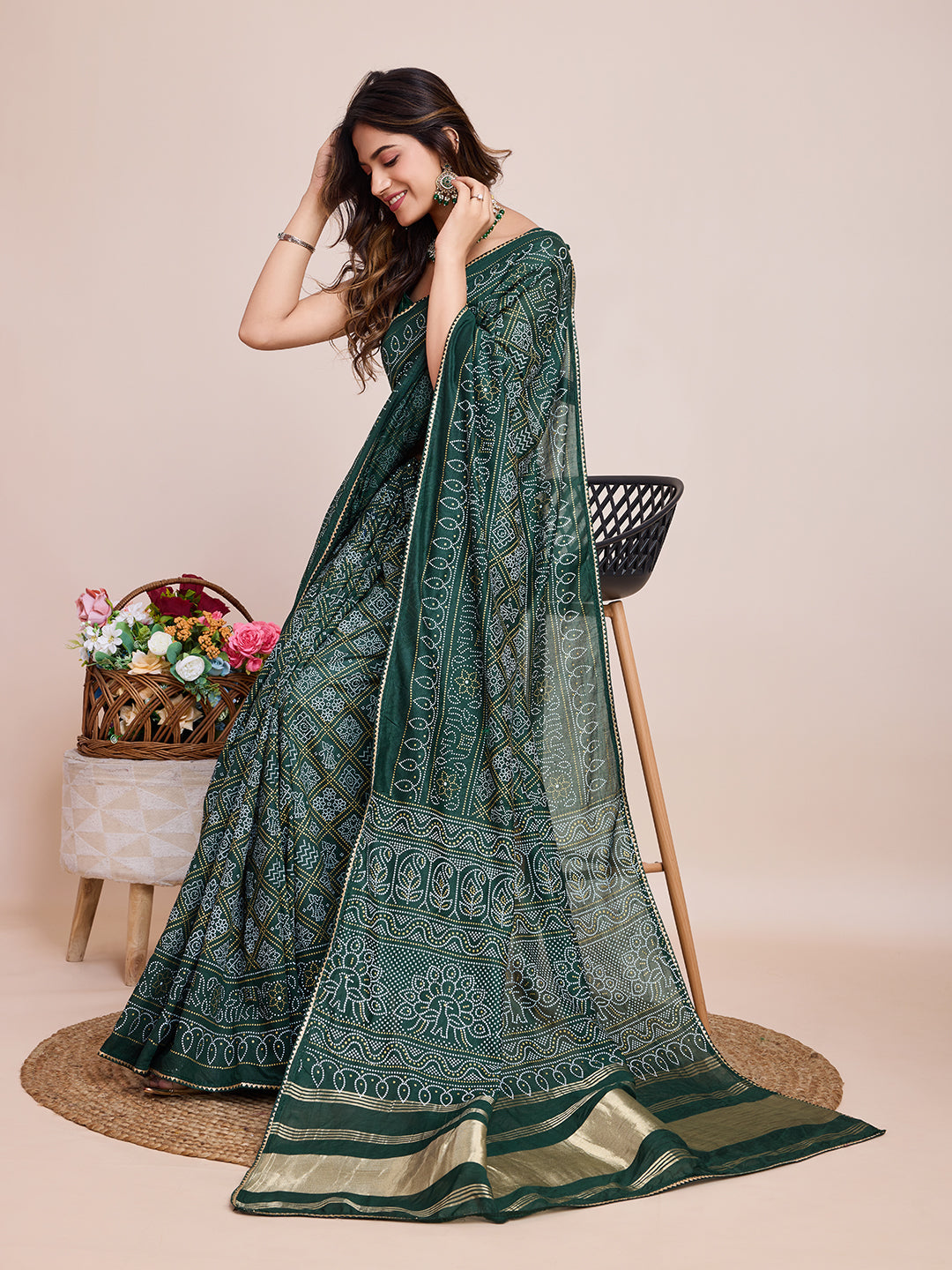 Vedant Vastram Semi Cotton Bandhani Printed Saree - Green | Grocsy