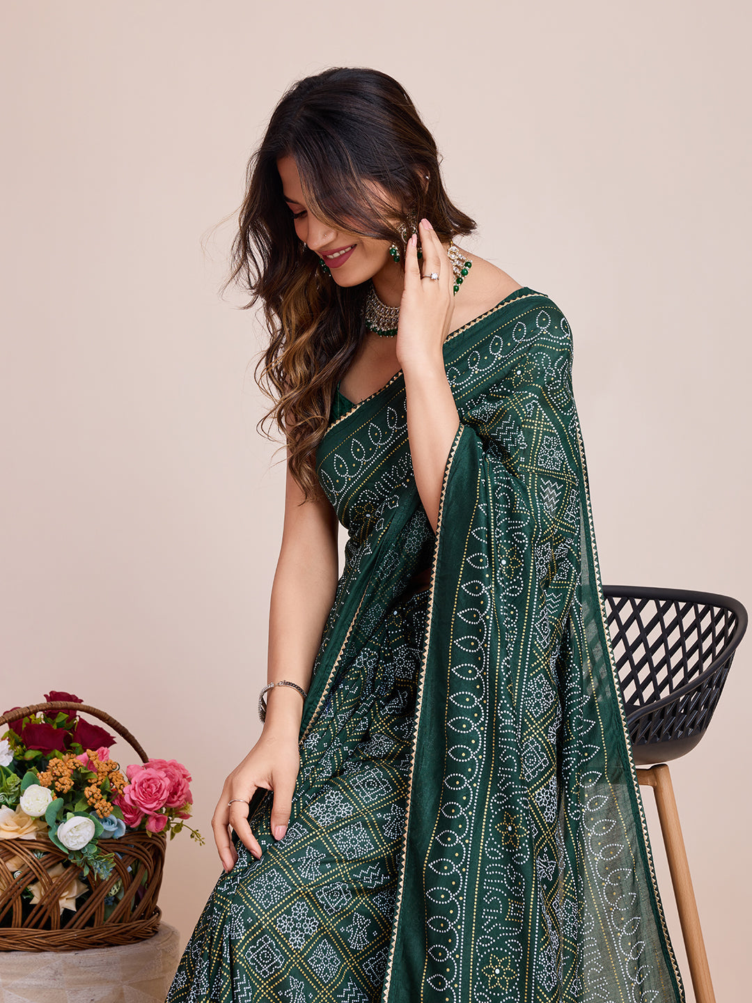 Vedant Vastram Semi Cotton Bandhani Printed Saree - Green | Grocsy