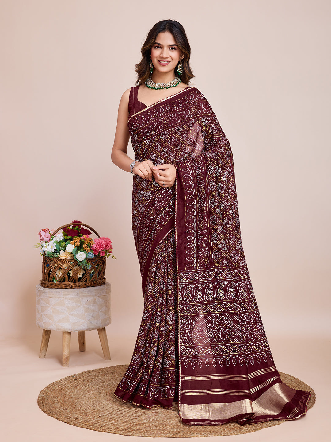 Vedant Vastram Semi Cotton Bandhani Printed Saree - Maroon | Grocsy