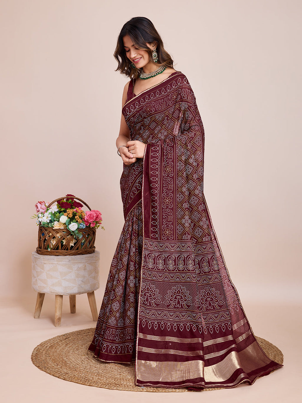 Vedant Vastram Semi Cotton Bandhani Printed Saree - Maroon | Grocsy