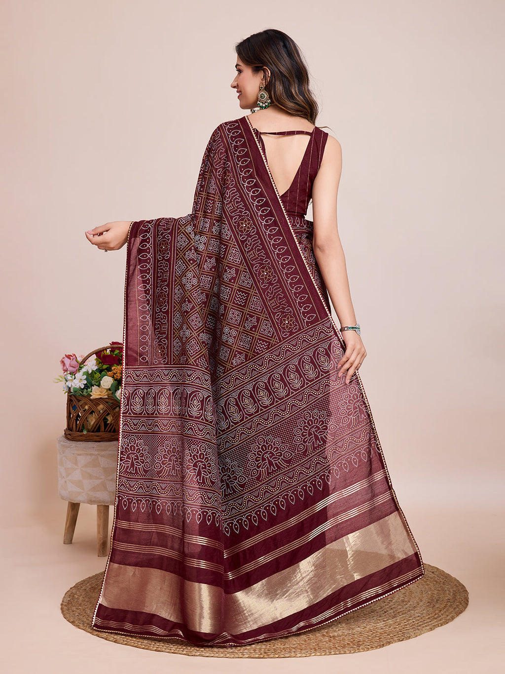 Vedant Vastram Semi Cotton Bandhani Printed Saree - Maroon | Grocsy