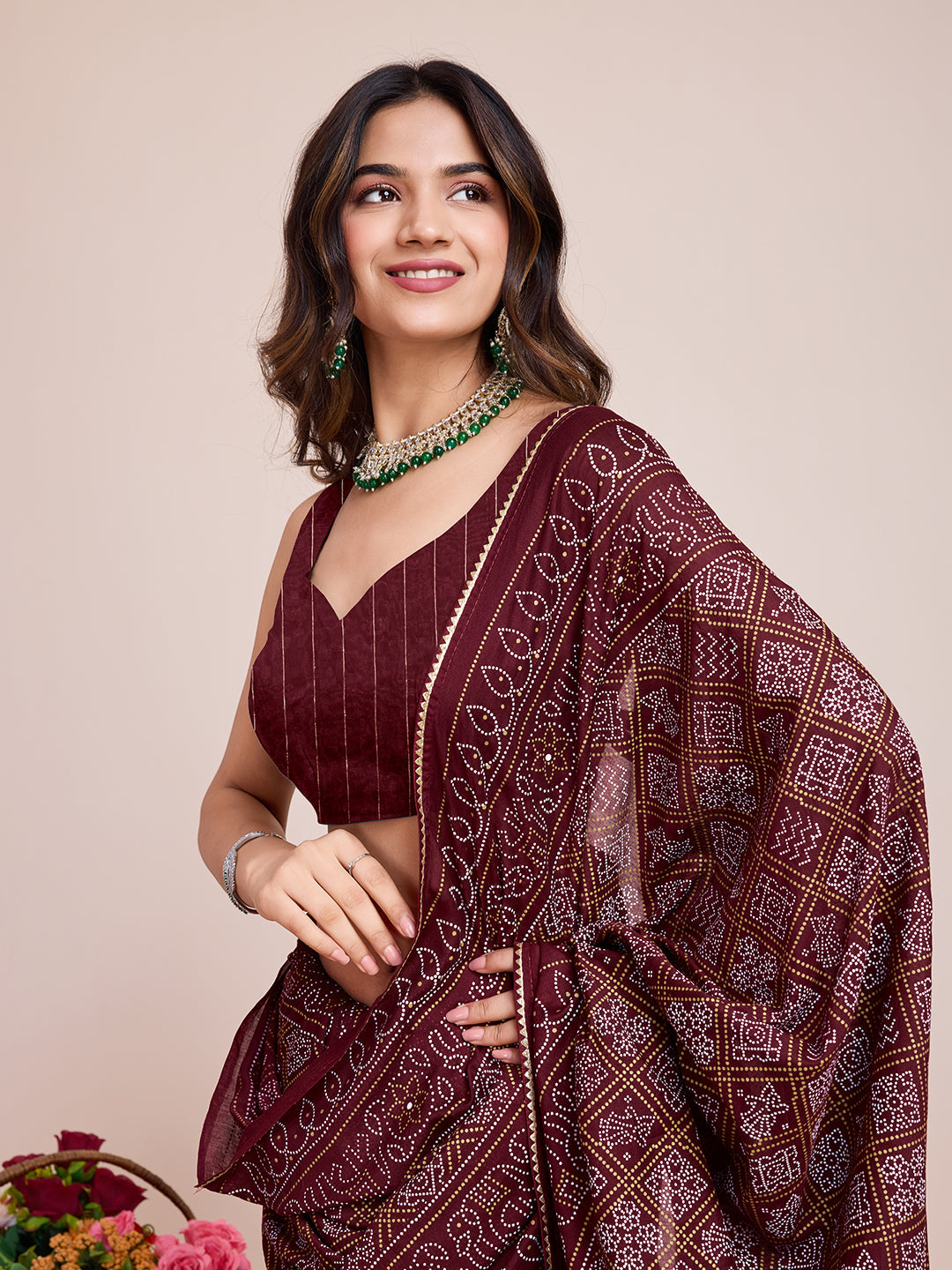 Vedant Vastram Semi Cotton Bandhani Printed Saree - Maroon | Grocsy