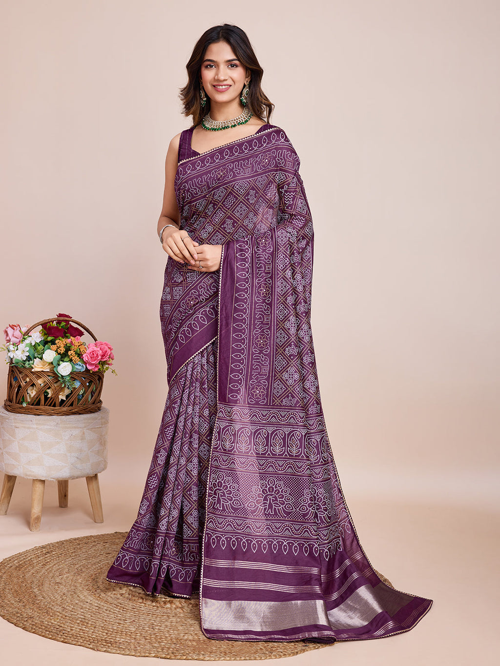 Vedant Vastram Semi Cotton Bandhani Printed Saree - Wine | Grocsy