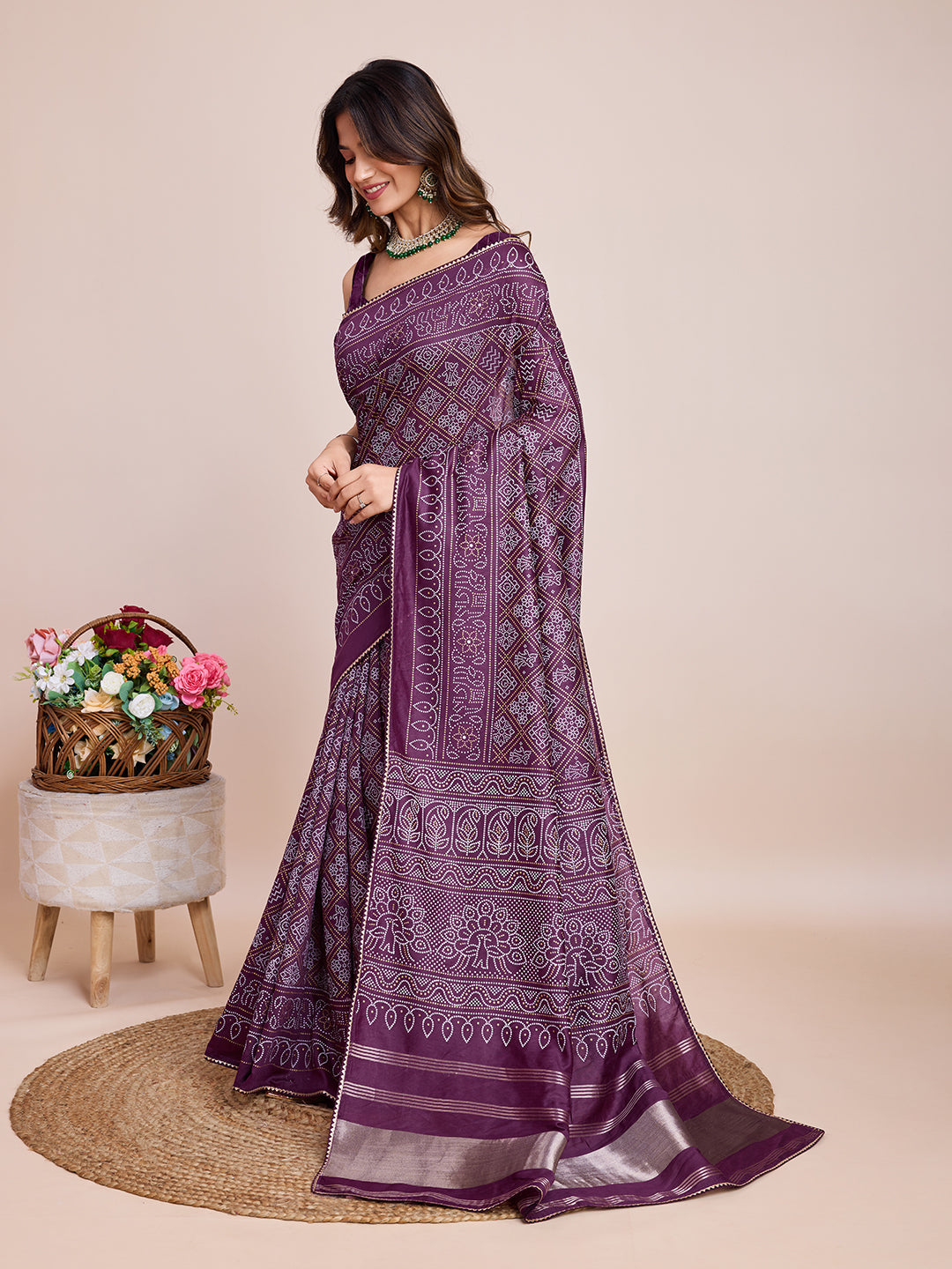 Vedant Vastram Semi Cotton Bandhani Printed Saree - Wine | Grocsy
