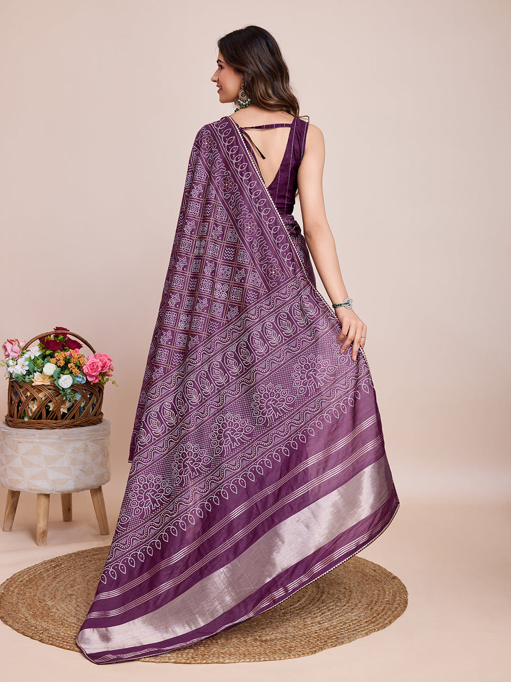 Vedant Vastram Semi Cotton Bandhani Printed Saree - Wine | Grocsy