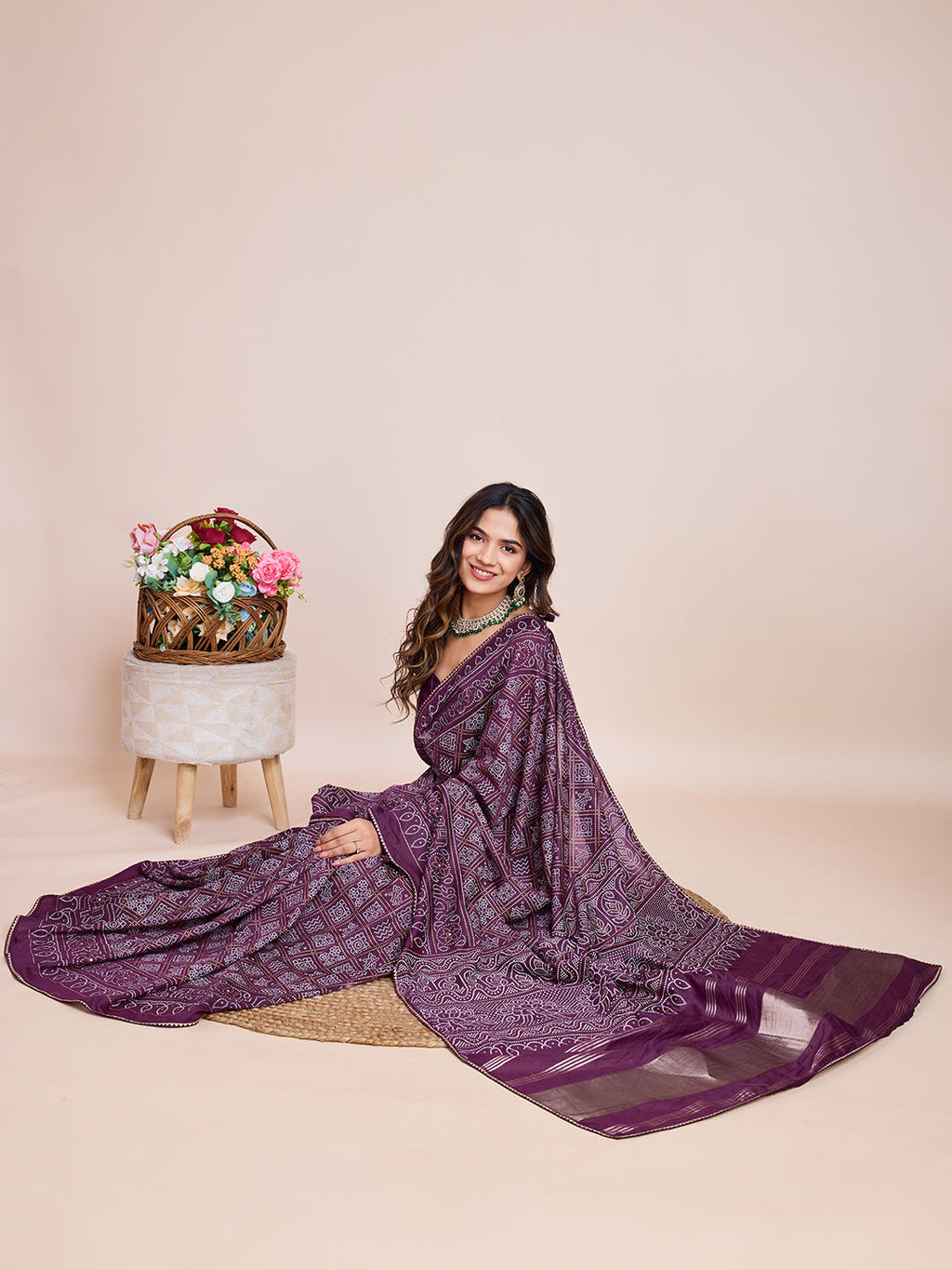 Vedant Vastram Semi Cotton Bandhani Printed Saree - Wine | Grocsy