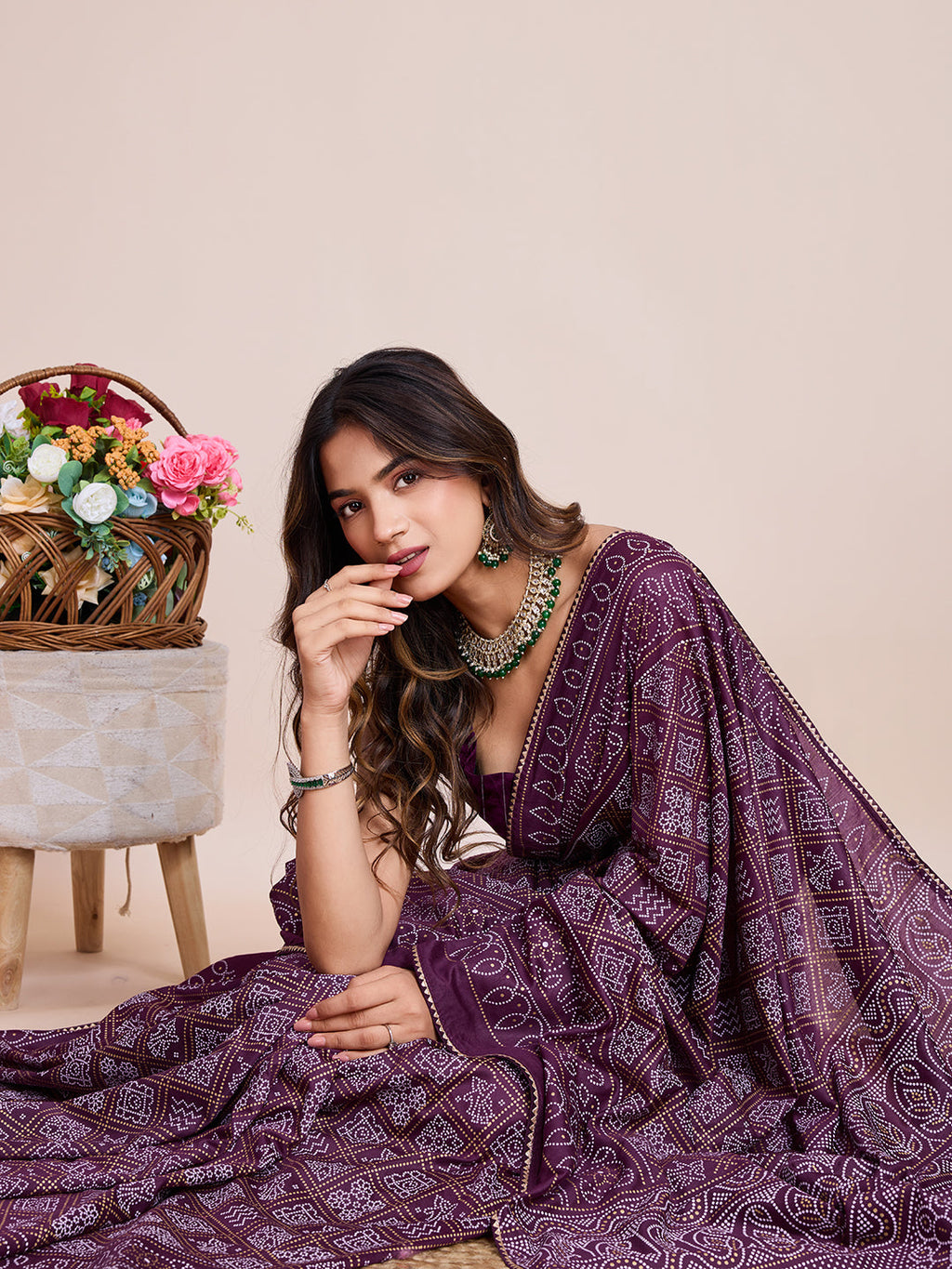 Vedant Vastram Semi Cotton Bandhani Printed Saree - Wine | Grocsy