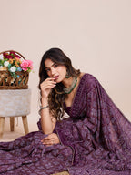 Vedant Vastram Semi Cotton Bandhani Printed Saree - Wine | Grocsy