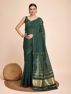 Vedant Vastram Semi Cotton Bandhani Printed Saree - Green | Grocsy