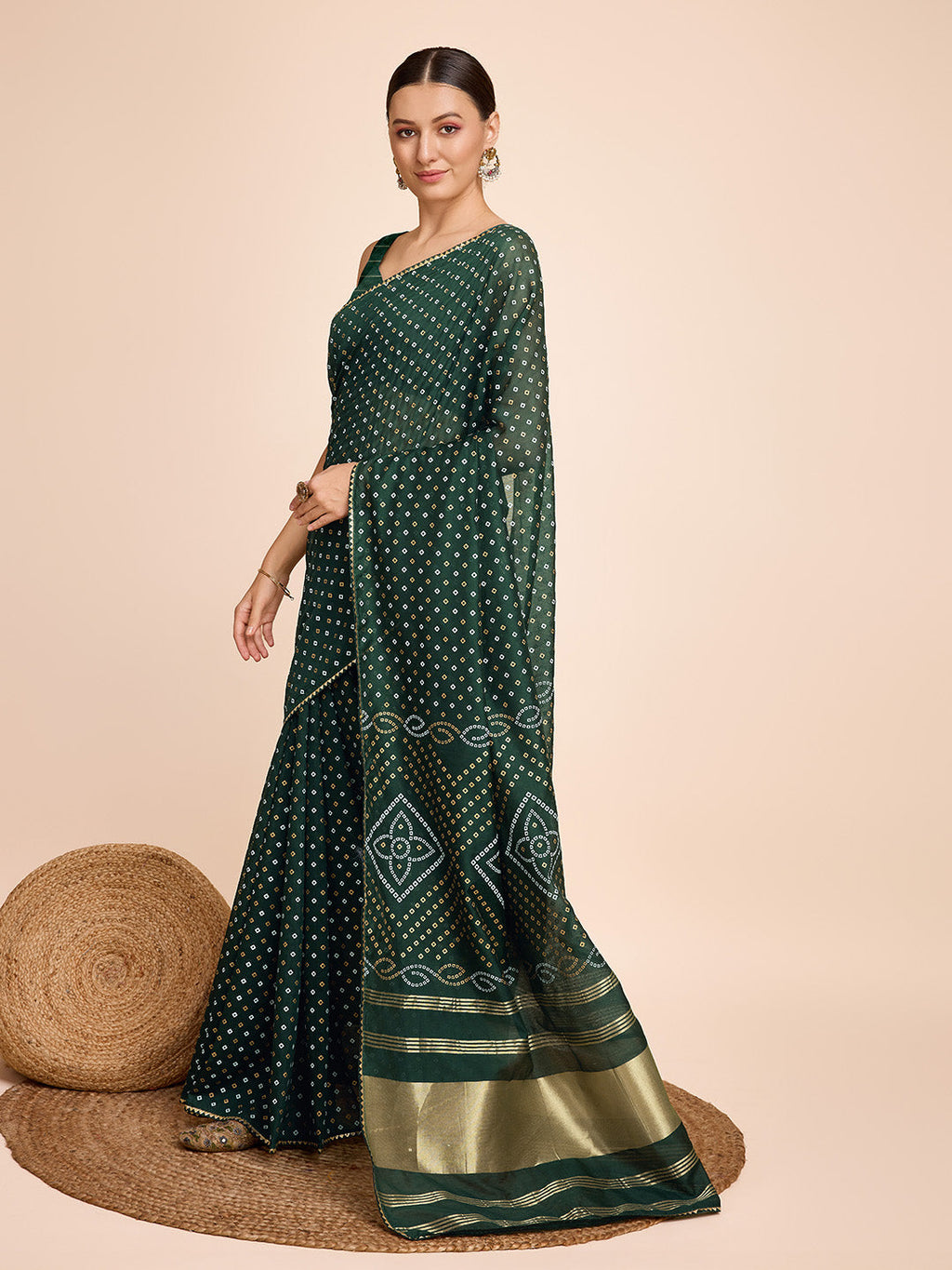 Vedant Vastram Semi Cotton Bandhani Printed Saree - Green | Grocsy