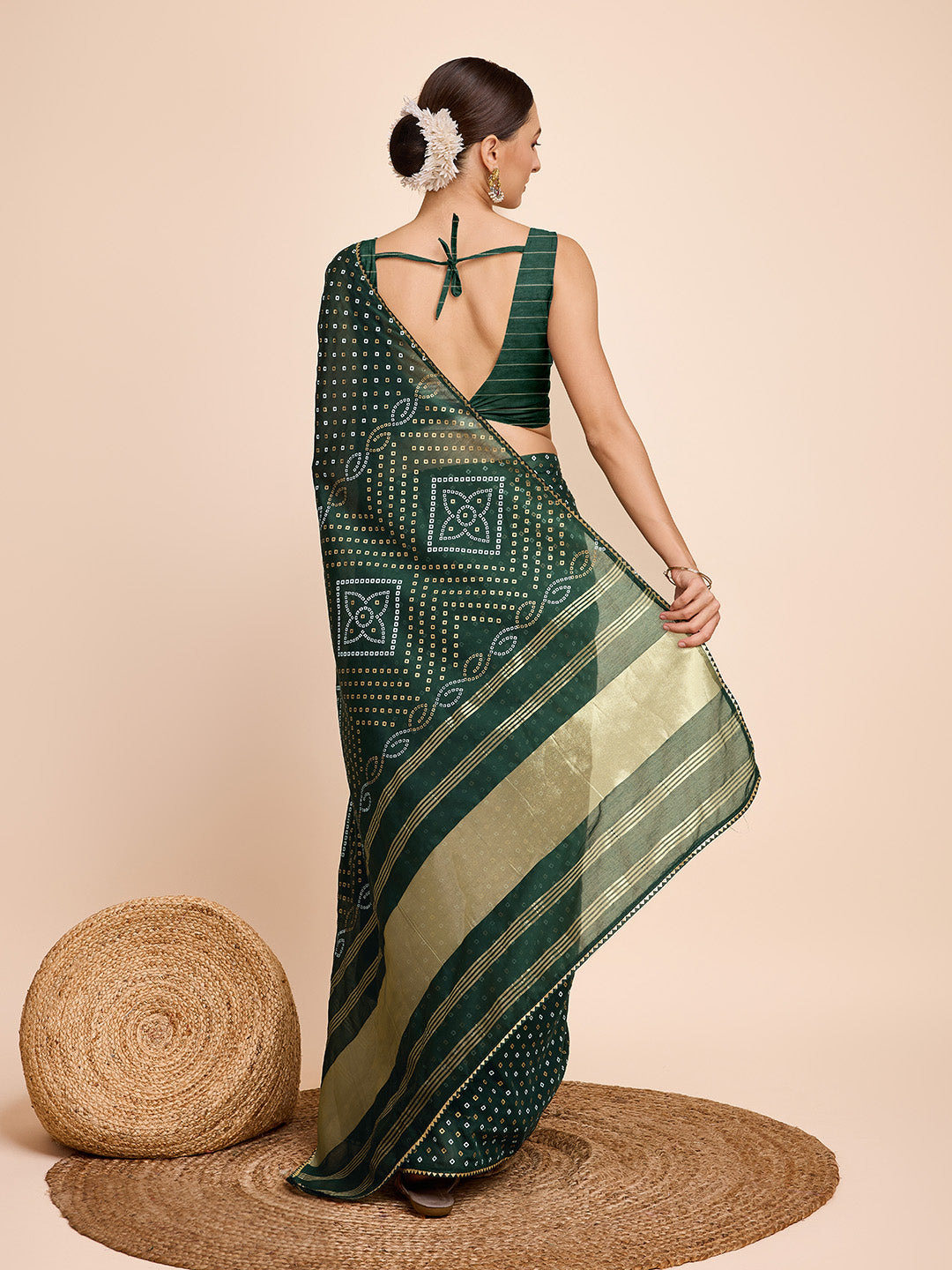Vedant Vastram Semi Cotton Bandhani Printed Saree - Green | Grocsy