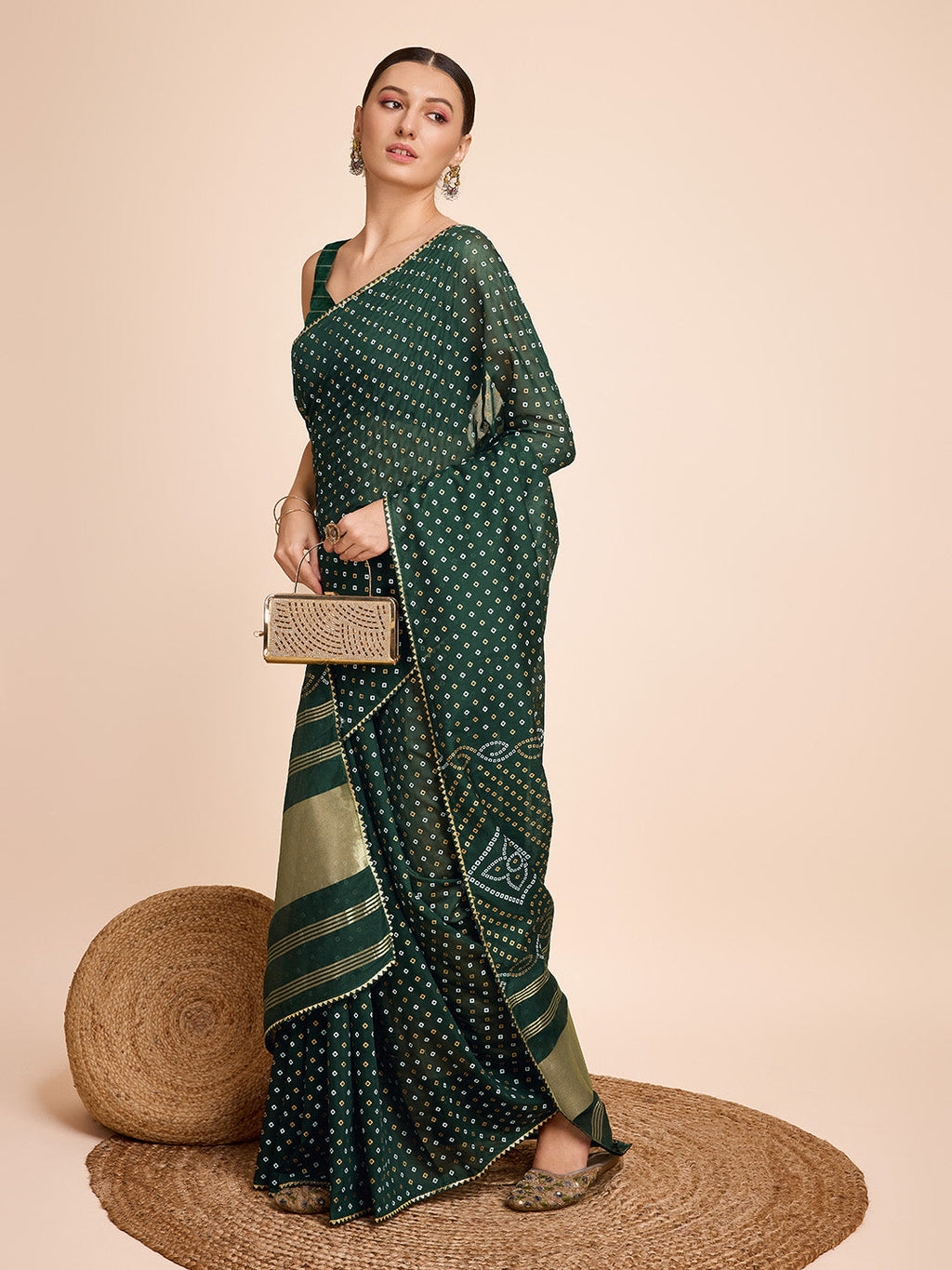 Vedant Vastram Semi Cotton Bandhani Printed Saree - Green | Grocsy