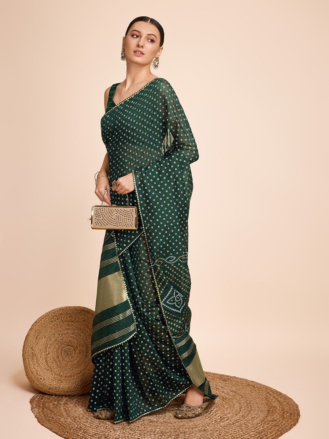 Vedant Vastram Semi Cotton Bandhani Printed Saree - Green | Grocsy
