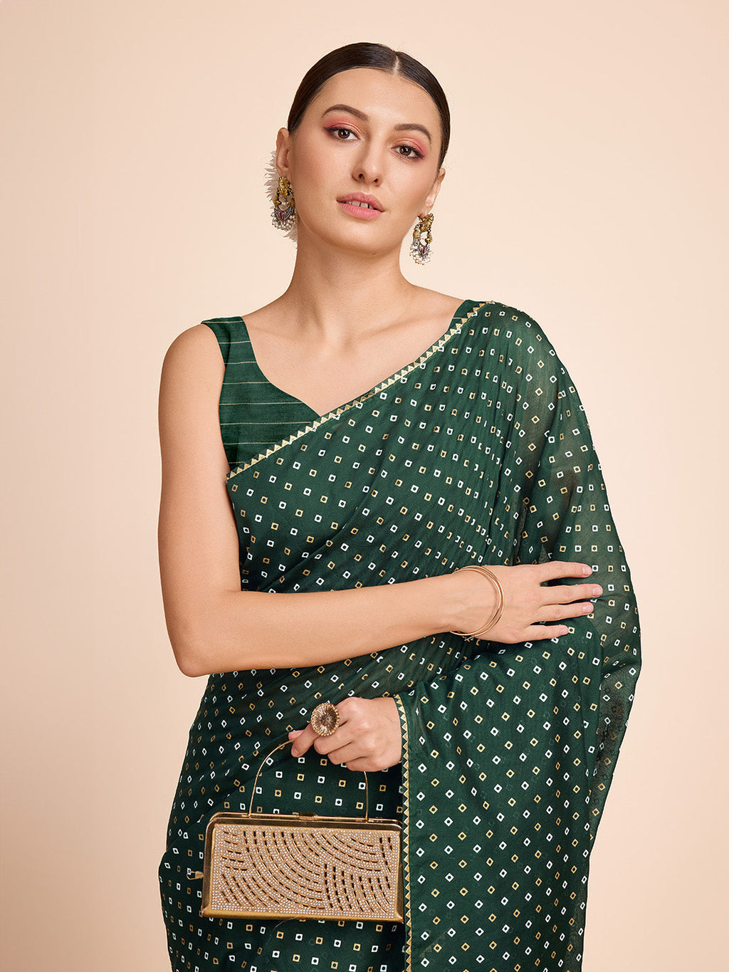Vedant Vastram Semi Cotton Bandhani Printed Saree - Green | Grocsy