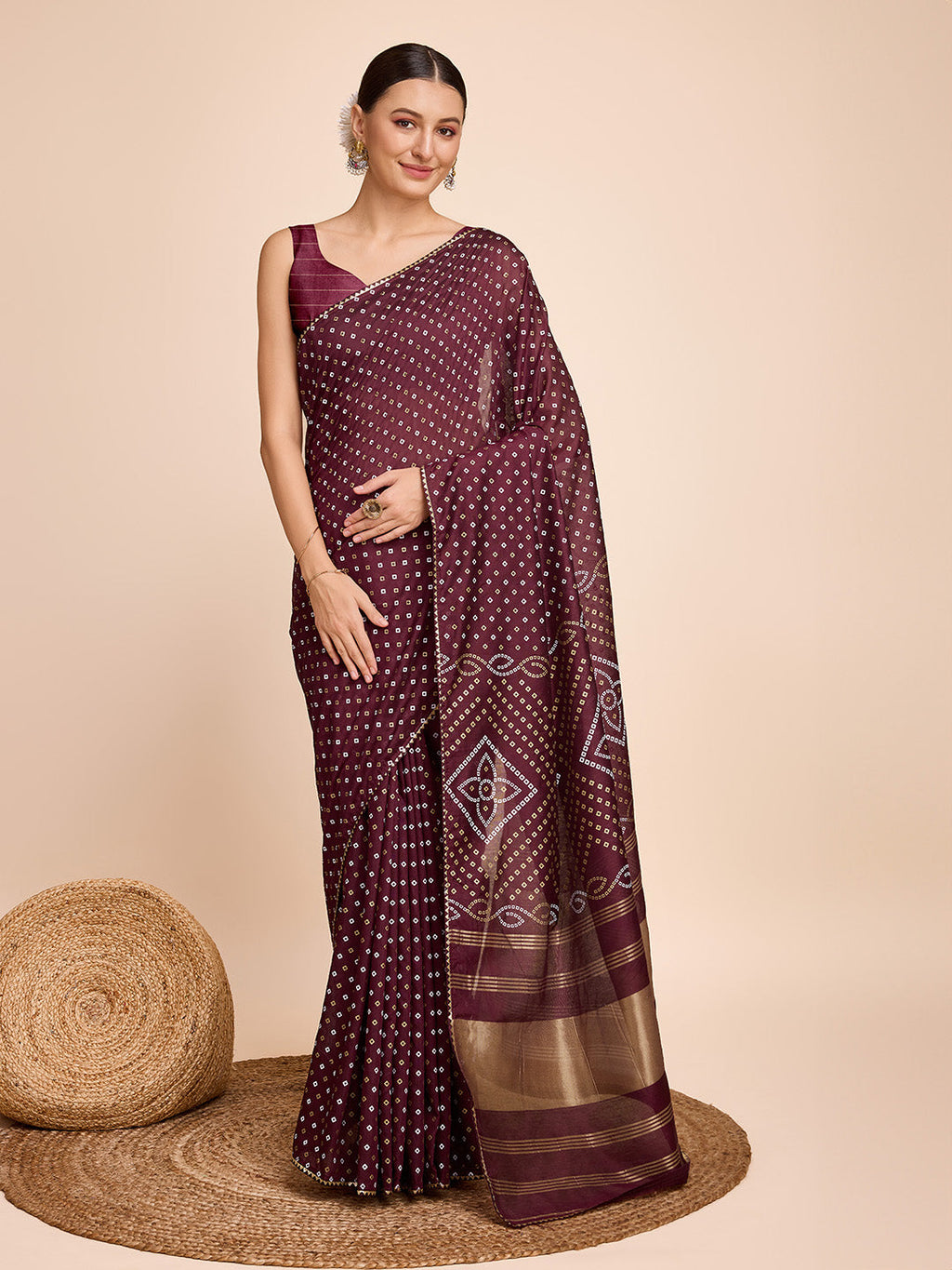 Vedant Vastram Semi Cotton Bandhani Printed Saree - Maroon | Grocsy
