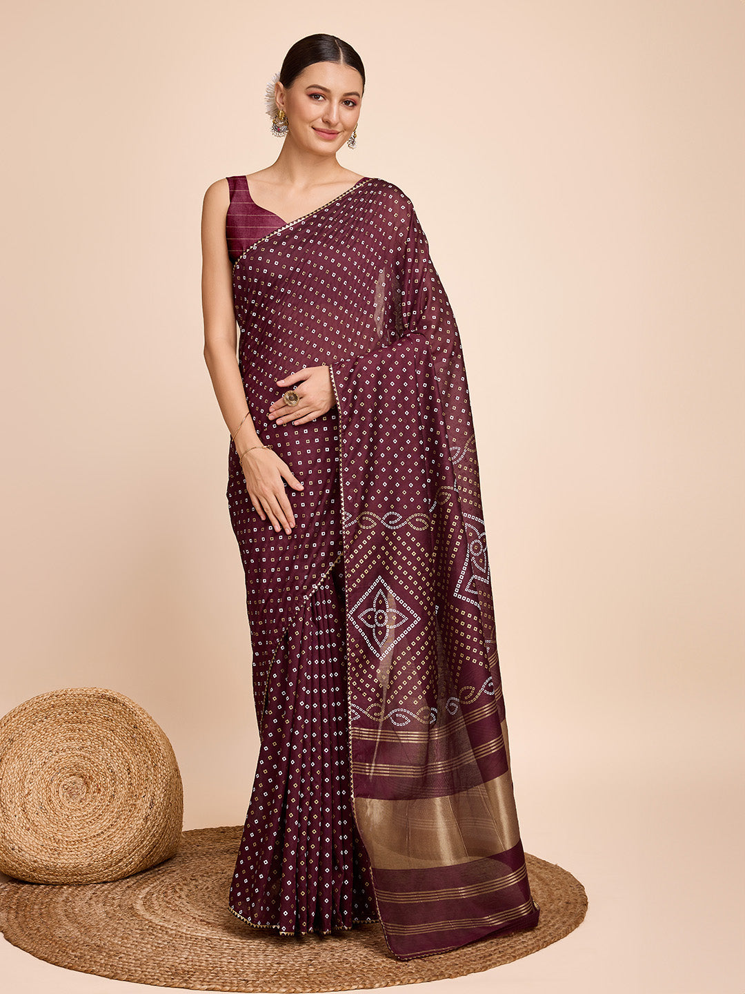 Vedant Vastram Semi Cotton Bandhani Printed Saree - Maroon | Grocsy